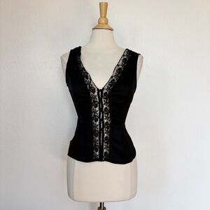 Solid Black Sheer Lace Trim V-Neck Button Front Tank Top